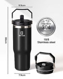 Berusd 900ml Stainless Steel Tumbler with Handle and Straw Lid, Vacuum Insulated Coffee Cup for Home or Car, Travel Mug, Leakproof Double Walled Insulated Water Bottle, Thermo Mug Drink Bottle Black