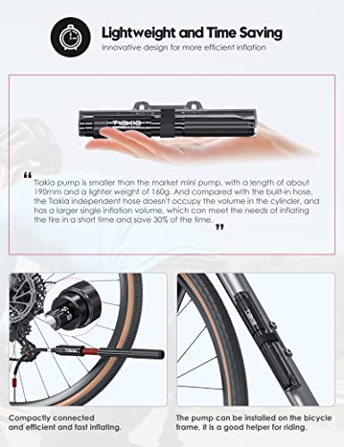 Tiakia Mini Bike Pump,Portable Compact Bicycle Pump ,High Pressure Frame Pump 260PSI- Air Hand Pump Fit Presta, Schrader & Woods Valves,Aluminum Alloy Durable Tire Pump for Road/Mountain/BMX Bikes