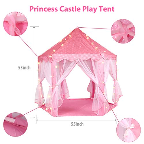 Volscity Princess Tent for Girls,Kids Castle Play Tent with LED Star Lights,Large Playhouse Girl Toy Gifts Age 3+,Indoor and Outdoor Games 55.5"x 53"(DxH) Pink (Pink)