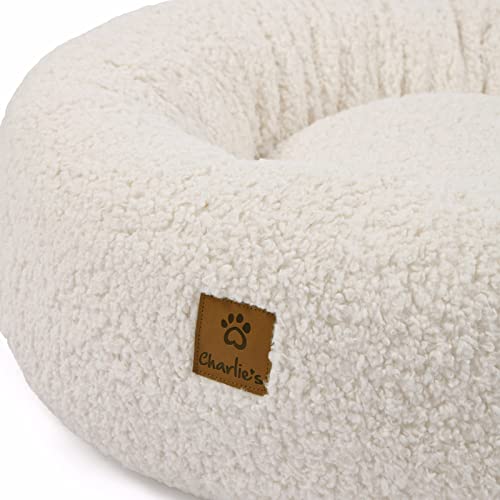 Charlie's Boucle Style Ultra - Soft Teddy Fleece Round Donut Calming Dog Cat Pet Sofa Bed Head and Neck Support - Cream Small 58.5x58.5x18cm