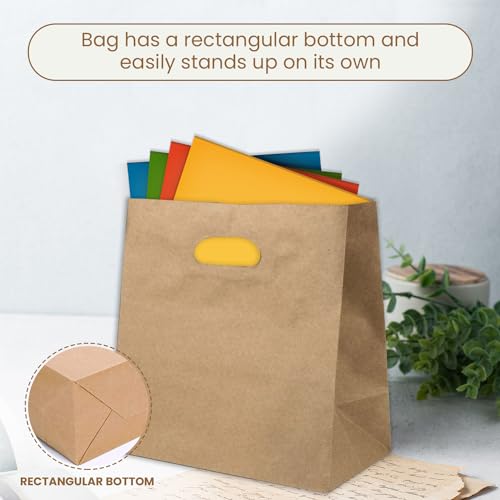 Packware Kraft Paper Tote Bags - Die Cut Handles, Flexicore Materials, Rectangular Shape, Disposable Party Favor, Grocery, Shopping & Food Carry Bags for Home & Commercial Uses - Brown (Pack of 100)