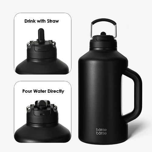 BOTTLE BOTTLE 2Litre Insulated Large Water Bottle with Straw and Dual-use Lid Half Gallon(64oz) Water Jug Stainless Steel Big Water Bottles with Handle for Gym and Sports (Black)