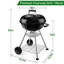 BEAU JARDIN Premium 18 Inch Charcoal Grill for Outdoor Camping Heavy Duty 34 Inch High Round Charcoal Barbecue Grill with Thickened Grilling Bowl for Picnic Small BBQ Kettle Patio with Durable Wheels