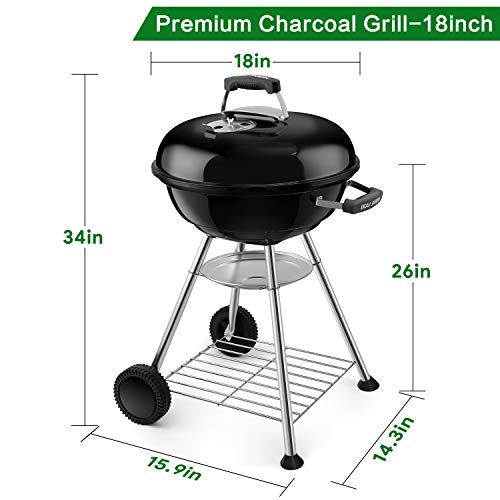 BEAU JARDIN Premium 18 Inch Charcoal Grill for Outdoor Camping Heavy Duty 34 Inch High Round Charcoal Barbecue Grill with Thickened Grilling Bowl for Picnic Small BBQ Kettle Patio with Durable Wheels