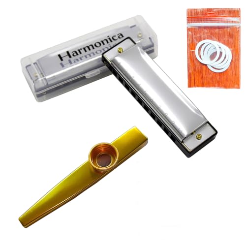 Top Harmonica with 10 Holes Blues Diatonic and Kazoo Musical Instruments with 5 Flute Diaphragm,Mouth Harmonica Organ Key of C for Kids,Students,Beginners, Professional