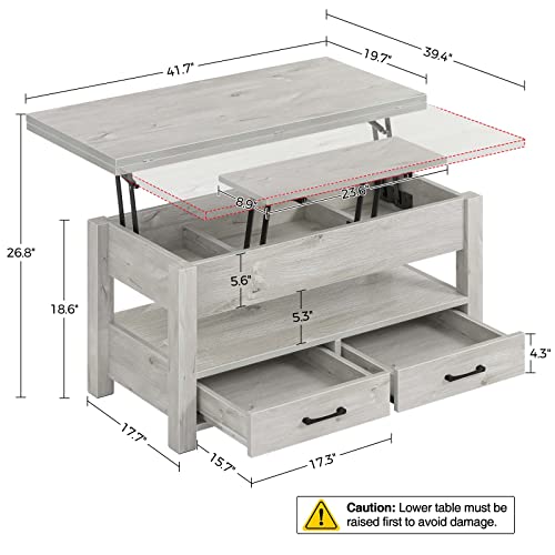 Rolanstar Coffee Table Lift Top, Multi-Function Convertible Coffee Table with Drawers and Hidden Compartment, Coffee Table Converts to Dining Table for Living Room, Home Office,Grey