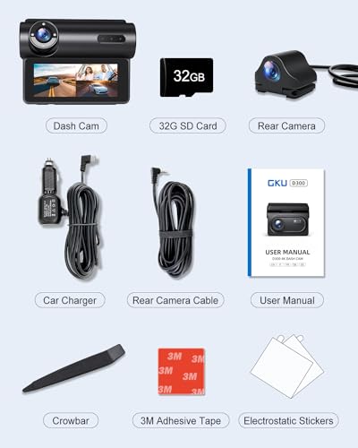 GKU 4K+1080P Front & Rear Dash Cam, 5GHz WiFi & GPS, 3-Channel, Triple 2.5K+1080P Car Cameras, Free SD Card, 3.16" IPS Display, Night Vision, Parking Monitor & Supercapacitor, Supports up to 516GB