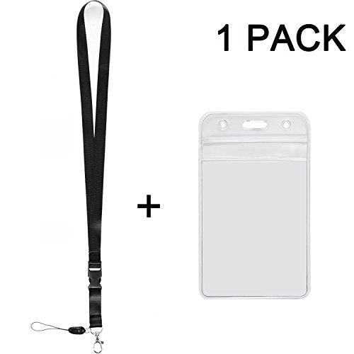 1 Pack ID Badge Holder with Black Lanyards Neck Strap Detachable Buckle Enhanced Breakaway Quick Release Safety Lanyard with Vertical Name Tag Card Holders Zipper Waterproof Resealable Clear Plastic