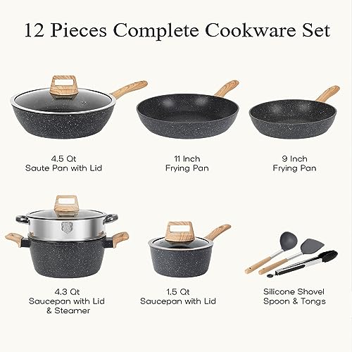 SODAY 12pcs Pots and Pans Set Non Stick Kitchen Cookware Sets Induction Cookware Nonstick Granite Cooking Set with Frying Pans, Saucepans, Steamer Silicone Shovel Spoon & Tongs (Black)