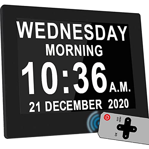 2023 Upgraded 12 Alarms Day Date Clock Dementia Clock with Calendar, On Time Alarm, Auto Night Dimming, Digital Clock with Non-Abbreviated Day&Month, 12 Timers-with Remote Control