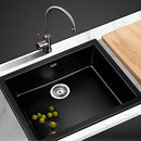 Cefito Stone Kitchen Sink 46 x 41cm Single Bowl Black Rectangle Sinks Granite, Laundry Bathroom Home Basin, Handmade Heavy Duty Oil Resistant Durable Thick Seamless Design Strainer Top Under Mount