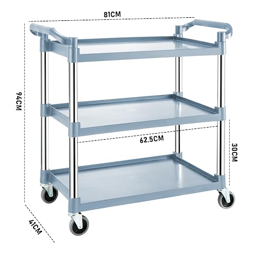 3 Tier Utility Service Cart Restaurant Rolling Cart Kitchen Push Cart Food Serving Trolley Cart with Wheels, Large Shelf Storage Trolley Heavy Duty Catering Cart for Bar Salon Warehouse Office