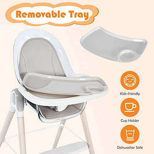 BABY JOY 3 in 1 Wooden Baby Highchair, Rocking Chair/Booster Seat/Toddler Chair Infant Dining Chairs w/Double Removable Tray, 3-Point Seat Belt & Removable Cushion (Gray)