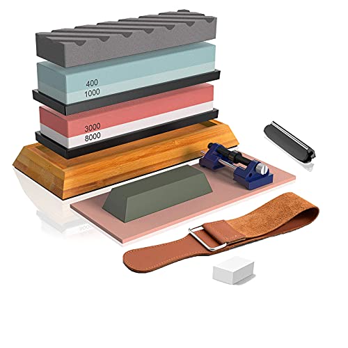 BRITOR Knife Sharpening Stone,Whetstone Sharpener Includes 4 Side Grit 400/1000 3000/8000 Whetstones, Non-Slip Bamboo Base, Angle Guide，Polishing Compound，Leather Strop, Flattening Stone