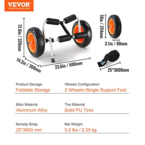 VEVOR Kayak Cart, 250lbs Load Capacity, Foldable Kayak Dolly Aluminum Kayak Wheels with 10'' Solid Tires for Kayaks Carrier Canoes Paddleboard Kayak Trolley Float Mats Jon Boats