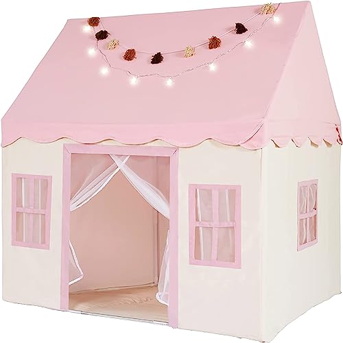 Play Tent with Mat, Star Lights Large Kids Playhouse with Windows Easy to Wash, Indoor and Outdoor Play Tent for Kids, little dove Toys for Girls,Boys,Pink,47x40x52