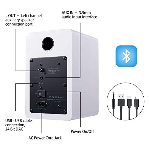 Sanyun SW208 3" Active Bluetooth 5.0 Bookshelf Speakers – 60W Carbon Fiber Speaker Unit - Built-in 24bit DAC - Dynamic 3D Surround Sound – 2.0 Computer PC Monitor Gaming Speakers (Pair, White)