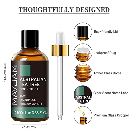 MAYJAM Australian Tea Tree Essential Oil, 100ML/3.38FL.OZ Premium Quality Australian Tea Tree Oil for Diffuser Massage, Pure Aromatherapy Essential Oils with Glass Dropper