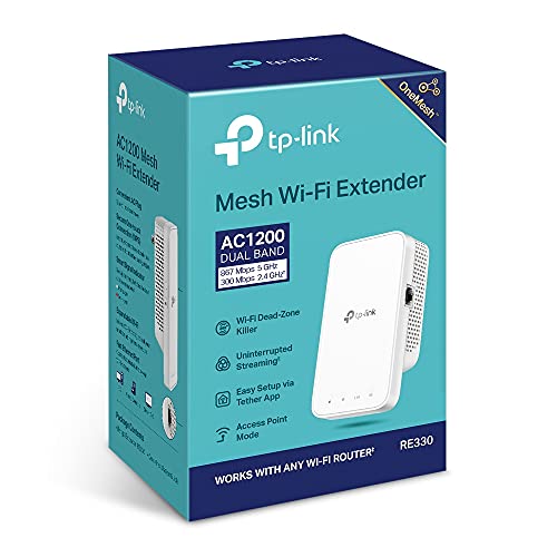 TP-Link AC1200 Mesh Dual Band Wi-Fi Range Extender, Broadband/Wi-Fi Extender, Wi-Fi Booster/Hotspot with 1 Ethernet Port, Built-in Access Point Mode, Works with Any Wi-Fi Router, UK Plug (RE330)