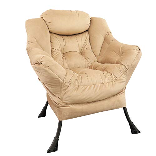 GOLDSUN Velvet Fabric Accent Chair Lazy Reclining Armchair with Removable Metal Legs and a Side Pocket, Comfy Upholstered Single Leisure Sofa Chair for Living Room, Bedroom, Office (Beige)