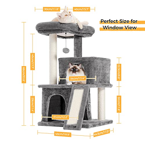 PAWZ Road Cat Tree Luxury Cat Tower with Double Condos, Spacious Perch, Fully Wrapped Scratching Sisal Post and Replaceable Dangling Balls Gray
