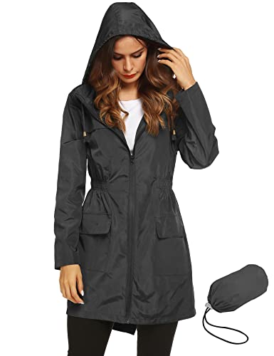 (Medium, Black1) - LOMON Women Waterproof Lightweight Rain Jacket Active Outdoor Hooded Raincoat