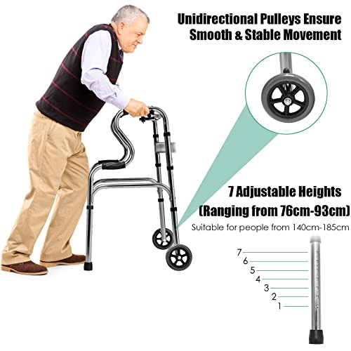 Costway Folding Walker, 200KG Weight Capacity Aluminum Alloy Adult Walker w/ Unidirectional Wheels & Bi-Level Armrests, 7-Height Adjustable, Fixed Mode & Interactive Mode, Lightweight Portable Medical Walking Aid for Senior, Elderly, Disabled, Outside & I