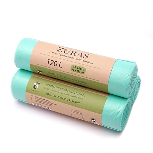 ZURAS 120 litre organic bin liners, pack of 30. Compostable, biodegradable bin liners, plant-based, DIN EN 13432 certified and tested, tear-resistant and waterproof