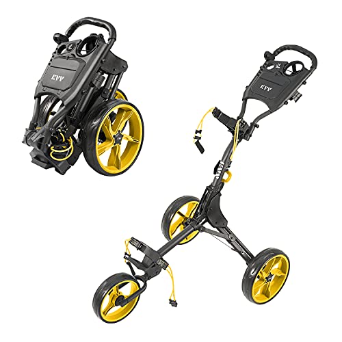 KVV 3 Wheel Foldable/Collapsible Golf Push Cart Ultra Lightweight Smallest Folding Size, New-Version Scorecard Holder(Charcoal/Yellow)