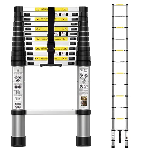 3.8M/12.5FT Telescopic Aluminium Ladder, Independent Height Locking, Extension Compact Ladder Lightweight Folding Collapsible Ladder, Heavy Duty Non Slip Extend Climb Ladder