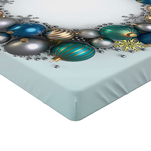 Ambesonne Christmas Fitted Sheet, Vivid Xmas Balls Featured Circle Wreath Traditional Display, Bed Cover with All-Round Elastic Deep Pocket for Comfort, Twin XL Size, Grey Blue