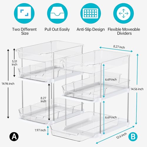 Delamu 2 Sets of 3-Tier Bathroom Under Sink Organizers and Storage, Multi-Purpose Stackable Pantry Organization and Storage, Pull Out Clear Kitchen Bathroom Cabinet Organizer with Movable Dividers