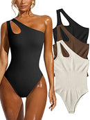 OQQ Women's 3 Piece Bodysuits Sexy Ribbed Sleeveless One Shoulder Tank Tops Exercise Bodysuits, Black Coffee Beige, Large