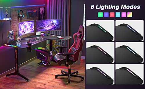 Computer Gaming Desk RGB LED:L-Shape Larger Game Table 160cm x 100cm Carbon Fiber Black Desktop Gamer Desks with 6 Colors 8 Modes RGB Durable Headphone Hook and Cup Holder for Home Office,Right