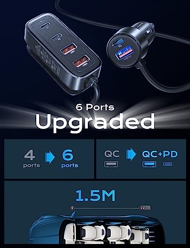 AINOPE 90W USB C Car Charger 6-Port, Super Fast USB Car Charger Fast Charging, PD 30W & QC3.0 Cigarette Lighter Car USB Charger Multi Port with 5FT Cable for iPhone 15/iPad Pro/Samsung S23 Ultra