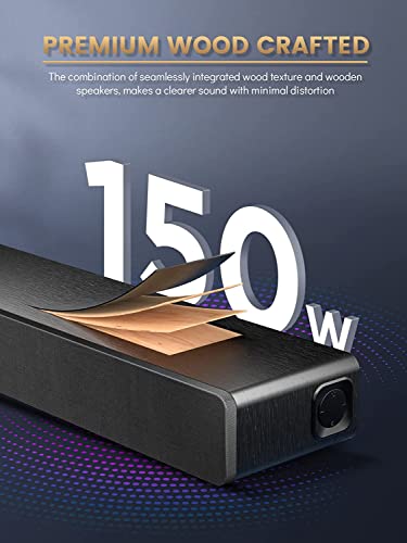 Sound Bar Wooden MEREDO Soundbar for TV with Built-in Subwoofer 150W 2.1CH with HDMI ARC/Bluetooth 5.0/Optical/AUX Connection 5 EQ Modes Deep Bass 3D Surround Sound for Home Theater-Slim 28Inch