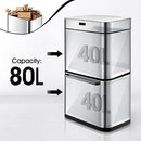 Maxkon 80L Dual Rubbish Bin Motion Sensor Kitchen Trash Bin Waste Recycling Garbage Can Stainless Steel Home Office Silver