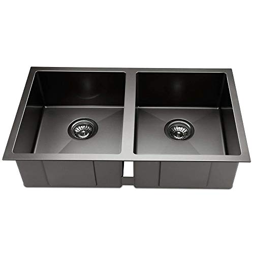 Cefito Kitchen Stainless Steel Sink 77 x 45cm Double Bowl Black Square Basin Sinks Handmade, Laundry Bar Home, Premium Quality Rust Resistant R10 Corner with Waste Strainer