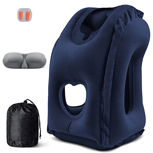 Inflatable Travel Pillow for Airplanes, Inflatable Neck Air Pillow for Sleeping to Avoid Neck and Shoulder Pain, Support Head, Neck and Lumbar, Used for Airplane, Car, Bus and Office (Blue)