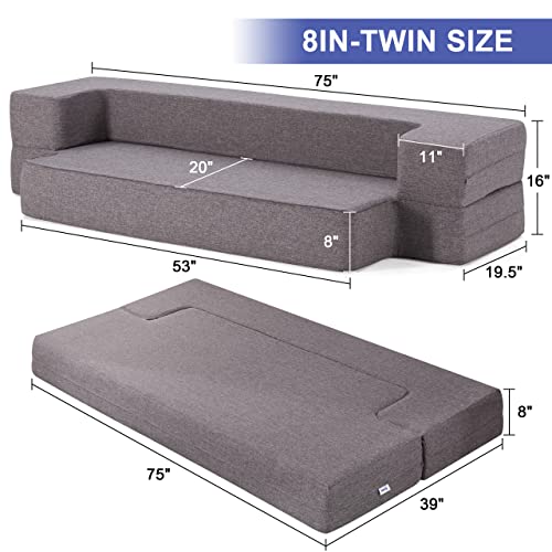 Lazyzizi Floor Sofa Bed, Fold Out Couch Bed with 2 Pillows & Washable Cover Convertible Sleeper Folding Sofa Bed Mattress for Living Room, Guest Bed, Playroom 8inches Twin