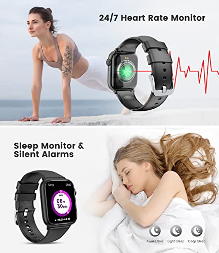 Smart Watch Men Women Bluetooth Answer Make Call for Android iOS Phone 123 Sport Modes Fitness Activity Tracker 1.85"Square Screen Heart Rate Sleep Monitor IP67 Waterproof Black Silicone Smartwatch