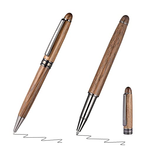 Wood Ballpoint Pen Set 2 Pack, Fancy Wooden Pens and Rollerball Pen for Men Extra 4 Ink Refills (2 Blue & 2 Black) Nice Writing Pen Gift Set for Business Journaling Executive Signature