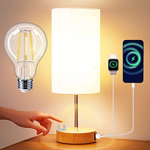 Bedside Lamp Touch Control Table Lamp with USB A+C Charging Ports 3-Way Dimmable Nightstand Lamp with Linen Fabric Shade for Bedroom Living Room