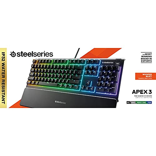 SteelSeries Apex 3 Whisper Quiet IP32 Water & Dust-Resistant Gaming Keyboard - Prism 10-Zone RGB Illumination - Premium Magnetic Wrist Rest