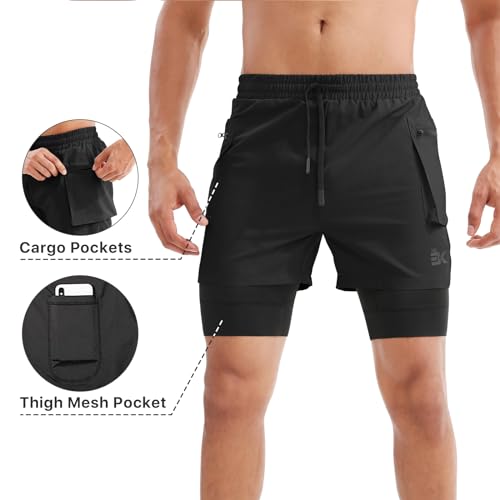 BROKIG Men's 2 in 1 Running Shorts, Quick Dry Sport Shorts Workout Fitness Gym Shorts Men with Zip Pockets(Black,Medium)