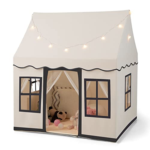 HONEY JOY Kids Play Tent, Toddler Large Playhouse w/Star String Lights, Washable Anti-Slip Coral Velvet Mat, Windows, Mesh Curtains, Indoor Outdoor Princess Play Castle Tent for Over 3 Years, Beige