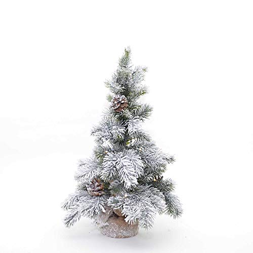 SHATCHI Table Mantel Centrepiece Pre Lit LED Christmas Frosted Tips with Pine Cones Flocked Snow Covered Xmas Tree with Burlap Base for Decoration, Green, 50cm