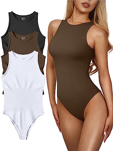 OQQ Women's 3 Piece Bodysuits Sexy Ribbed One Sleeveless Halter Neck Bodysuits, Black Coffee White, Medium,(CasualBodysuitsOQ155)