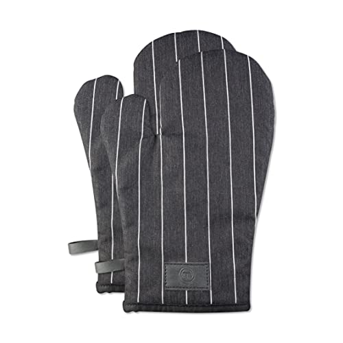 MasterChef Oven Mitts Heat Resistant, Pair of 2 Cooking Gloves, Cotton Oven Mittens, Kitchen Gloves With Vegan PU Leather Logo & Hanging Loop, Machine Washable, Black, One Size Fits All