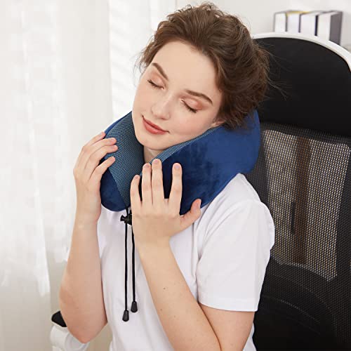 Travel Pillow, Best Memory Foam Neck Pillow Head Support Soft Pillow for Sleeping Rest, Airplane Car & Home Use (Dark Blue)